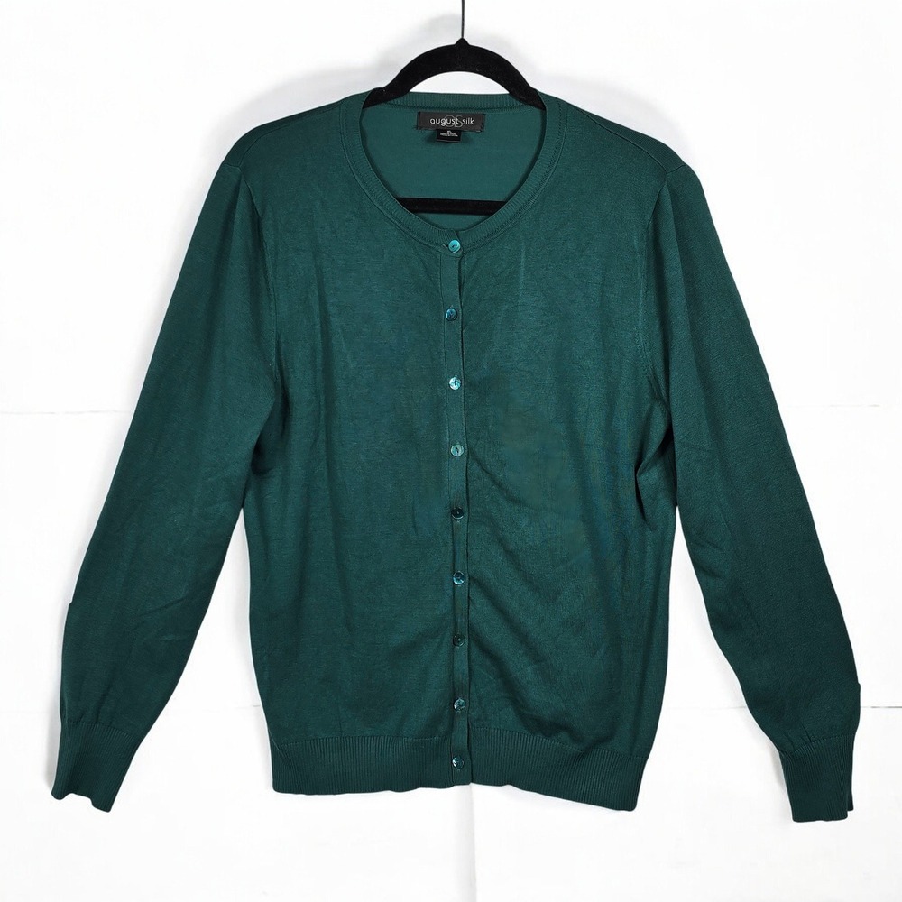 August Silk Cardigan Sweater‎ Women XL Emerald Green Button Front Quiet Luxury
